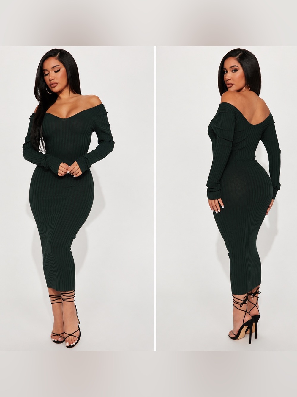 Fashion Nova Off-Shoulder Ribbed Midi Dress in Dark Green